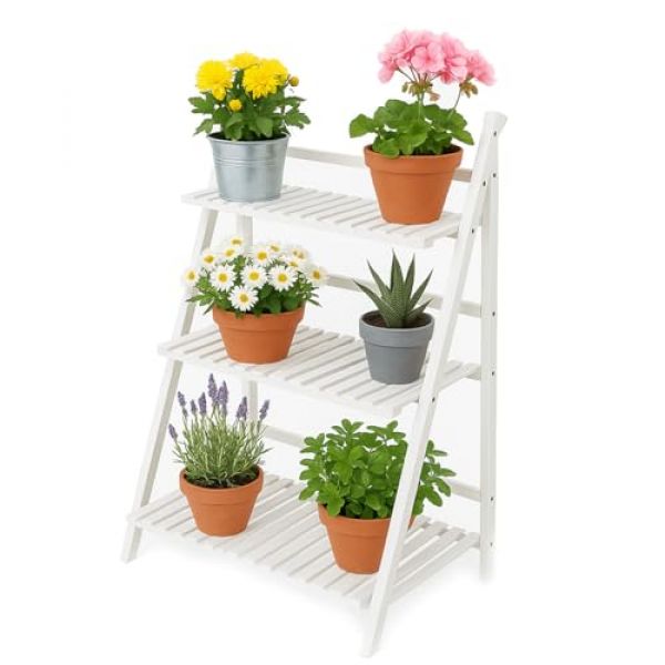 Cocoarm Vintage Blumenbank & Blumentreppe aus Bambus in Weiß